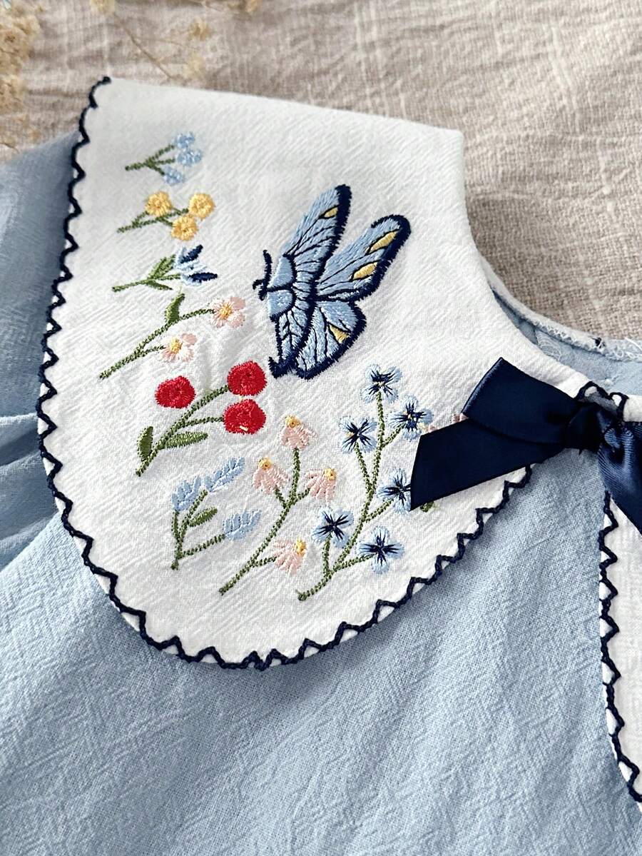 Infant Girl Peter Pan Collar Floral Embroidered Summer Dress for Casual Wear
