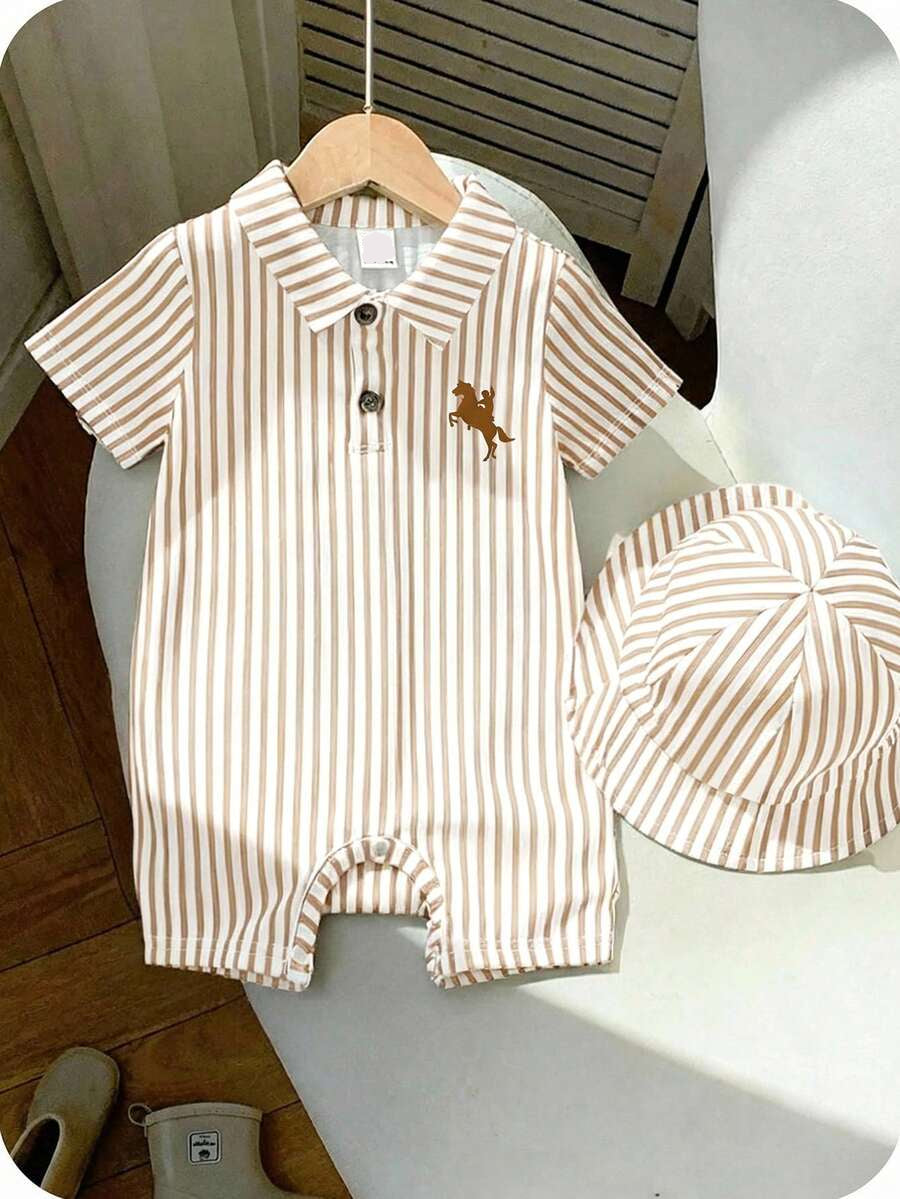 Newborn Baby Boy Girl Horse Print Polo Romper & Sun Hat 2 Piece Outfit Set for Spring Summer