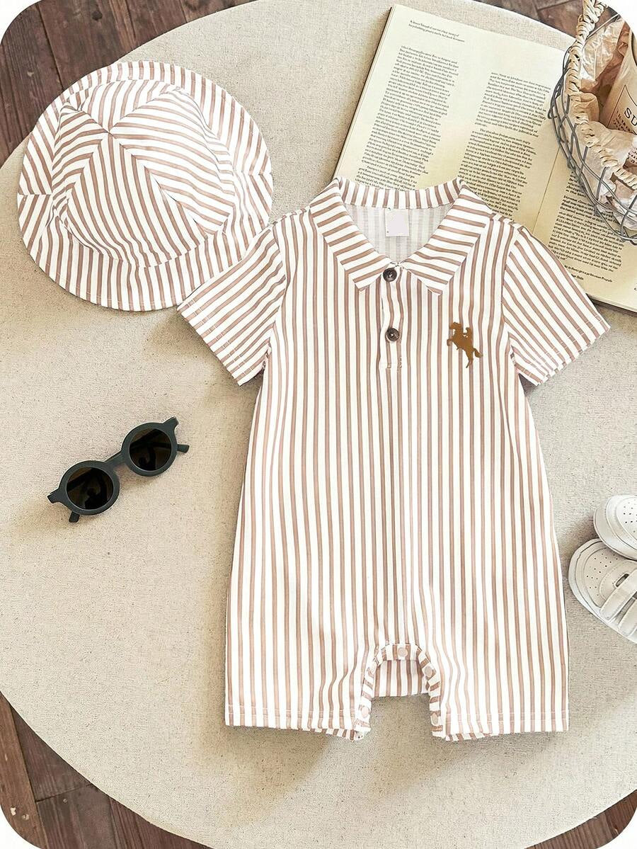 Newborn Baby Boy Girl Horse Print Polo Romper & Sun Hat 2 Piece Outfit Set for Spring Summer