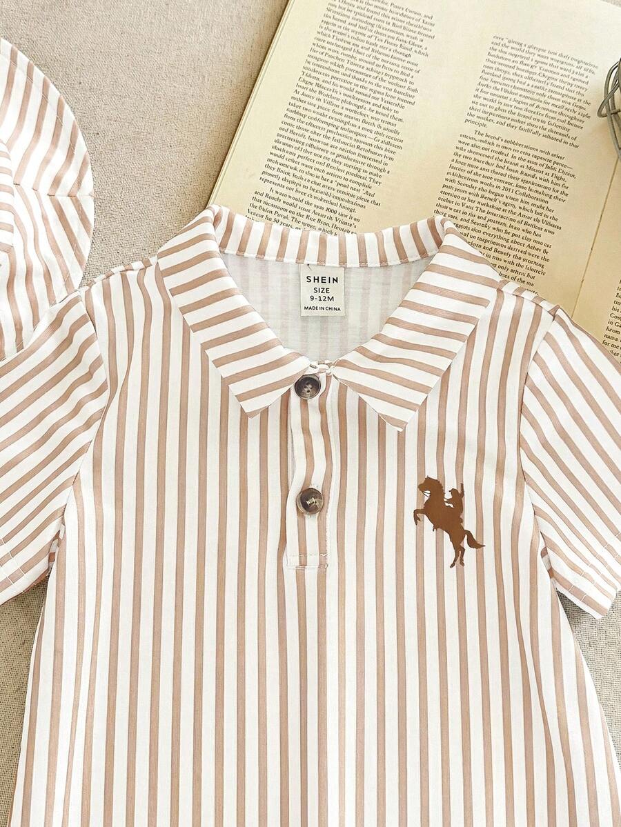 Newborn Baby Boy Girl Horse Print Polo Romper & Sun Hat 2 Piece Outfit Set for Spring Summer