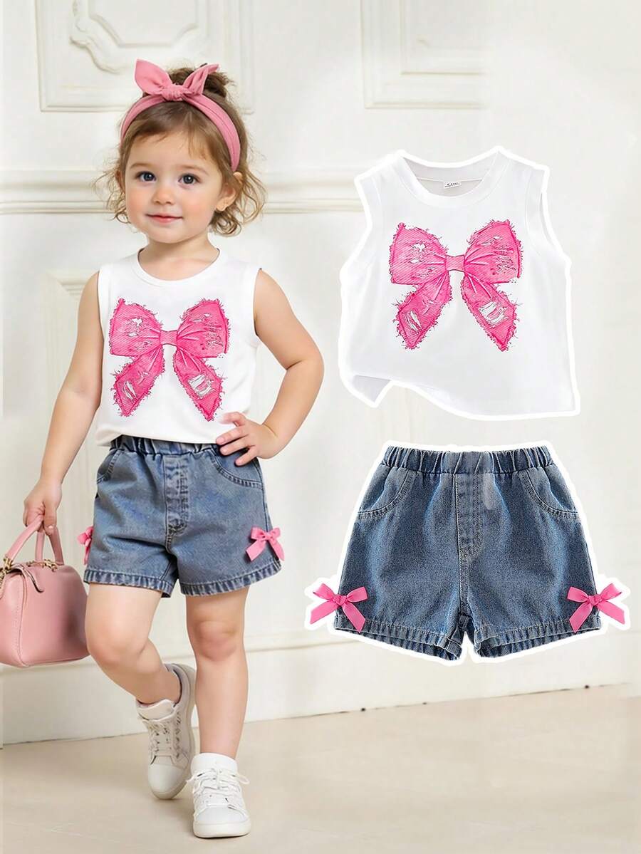 Baby Girl 2pcs Summer Blue Textured Top & Plaid Shorts Outfit