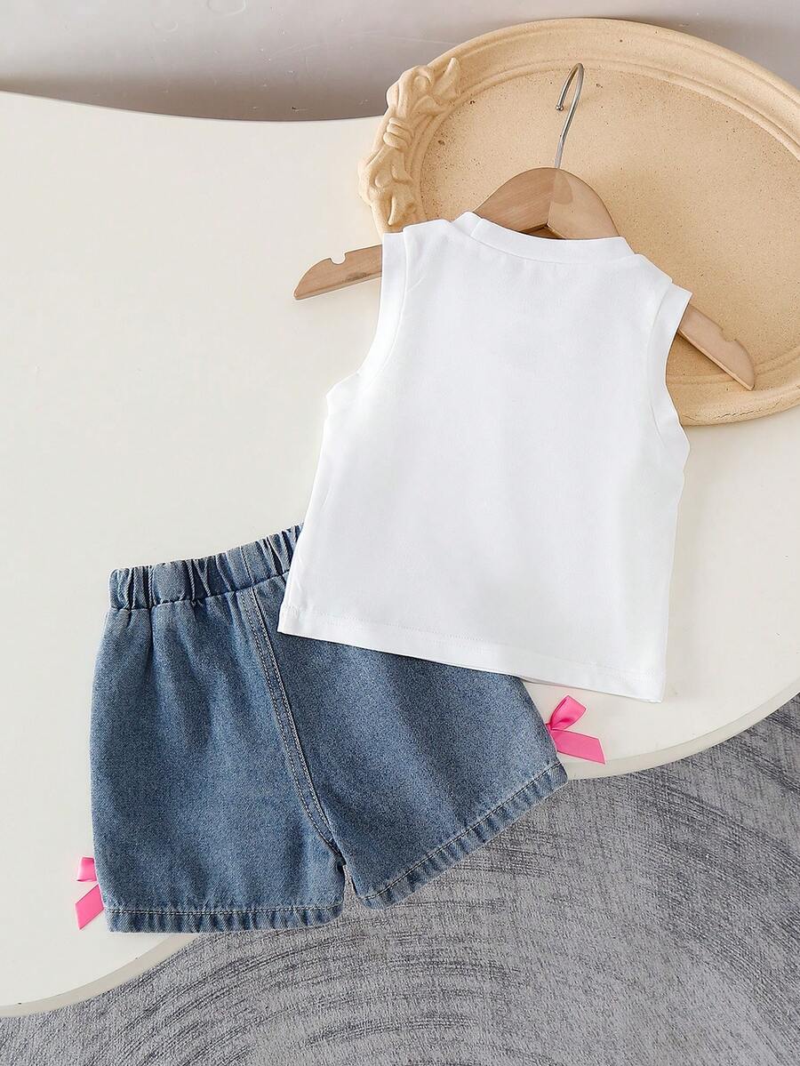 Baby Girl 2pcs Summer Blue Textured Top & Plaid Shorts Outfit