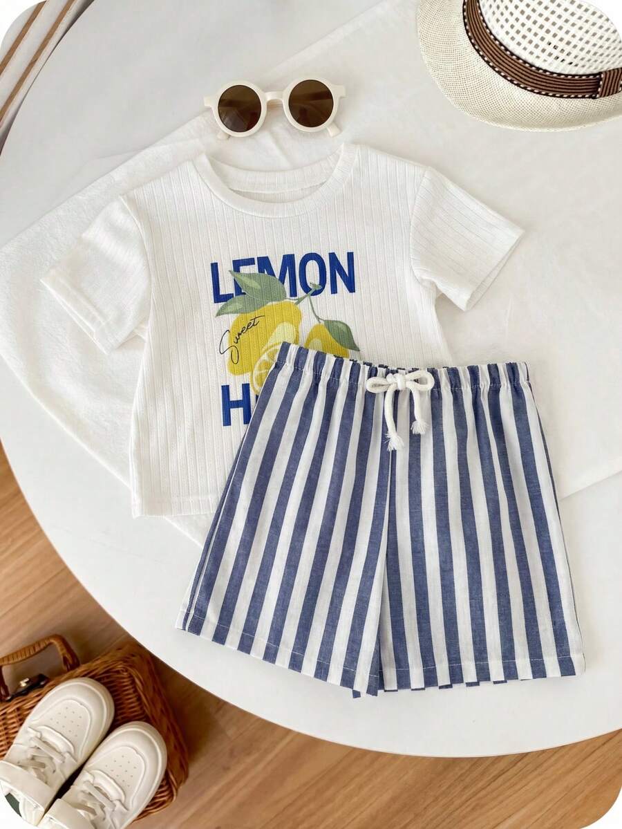 Baby Boy Animal Crayon Print T Shirt and Knitted Shorts 2 Piece Casual Spring Summer Outfit Set