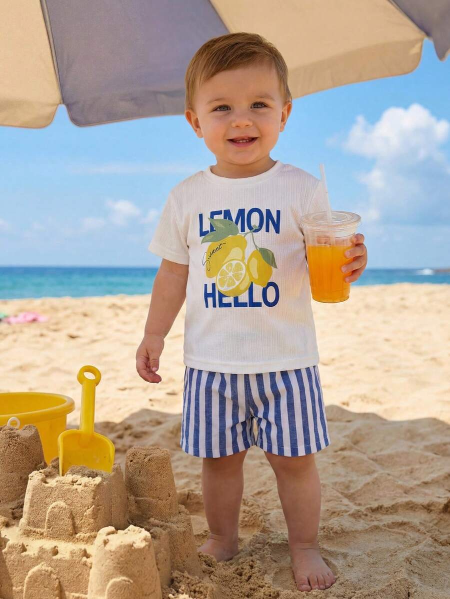 Baby Boy Animal Crayon Print T Shirt and Knitted Shorts 2 Piece Casual Spring Summer Outfit Set