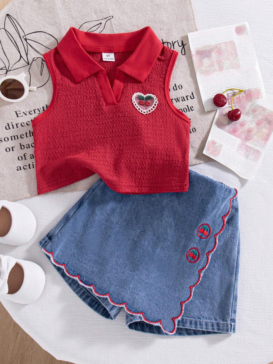 Toddler Girls Textured Knit Vest Top And Denim Skort Flower Embroidered Summer Outfit Set