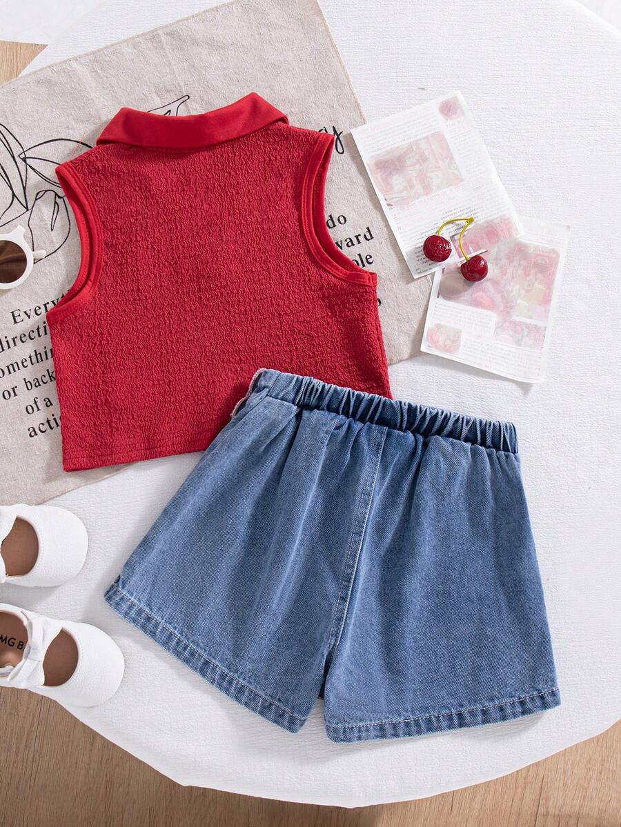 Toddler Girls Textured Knit Vest Top And Denim Skort Flower Embroidered Summer Outfit Set
