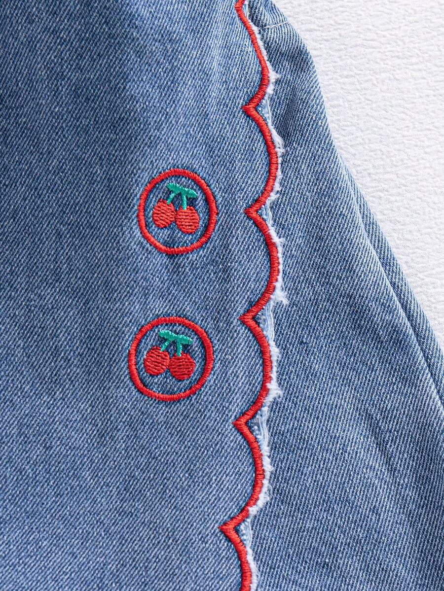 Toddler Girls Textured Knit Vest Top And Denim Skort Flower Embroidered Summer Outfit Set