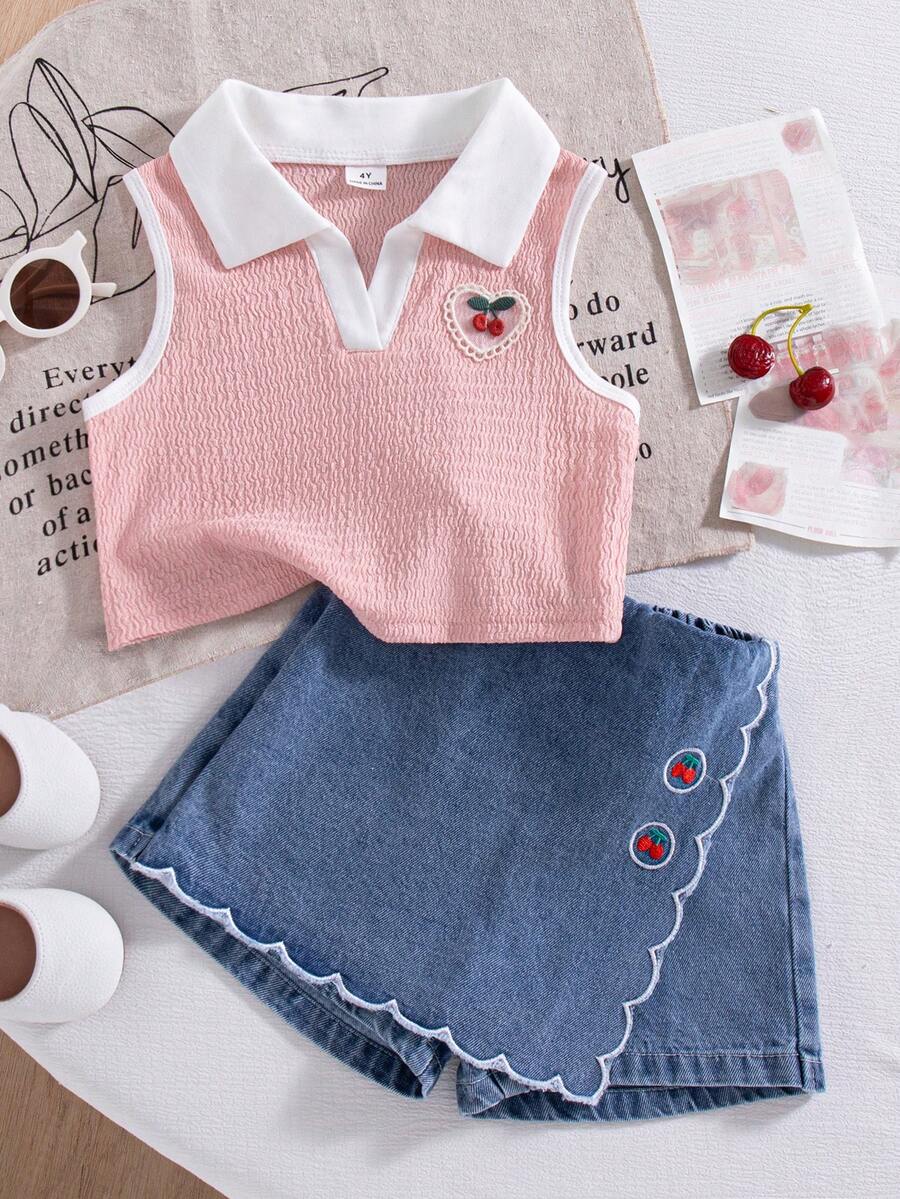 Toddler Girls Textured Knit Vest Top And Denim Skort Flower Embroidered Summer Outfit Set