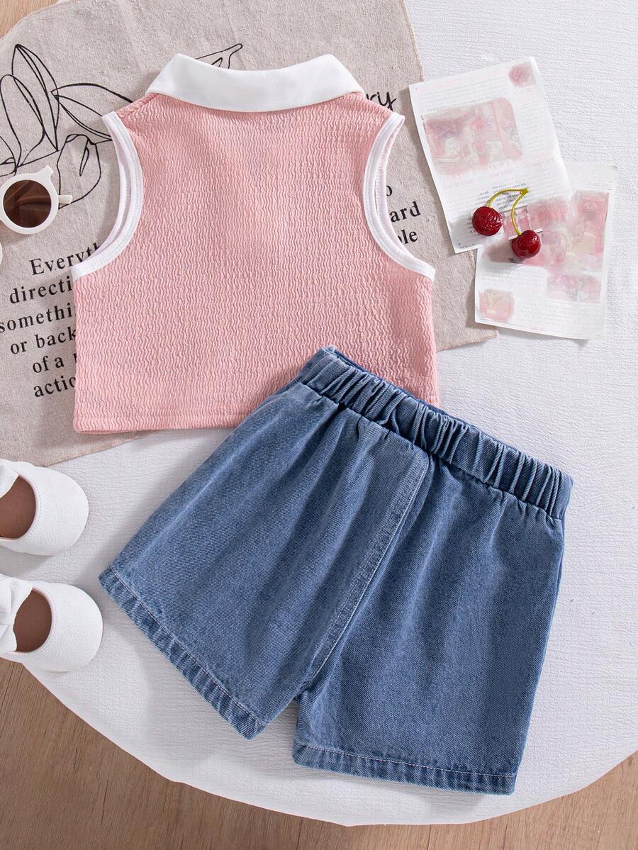 Toddler Girls Textured Knit Vest Top And Denim Skort Flower Embroidered Summer Outfit Set