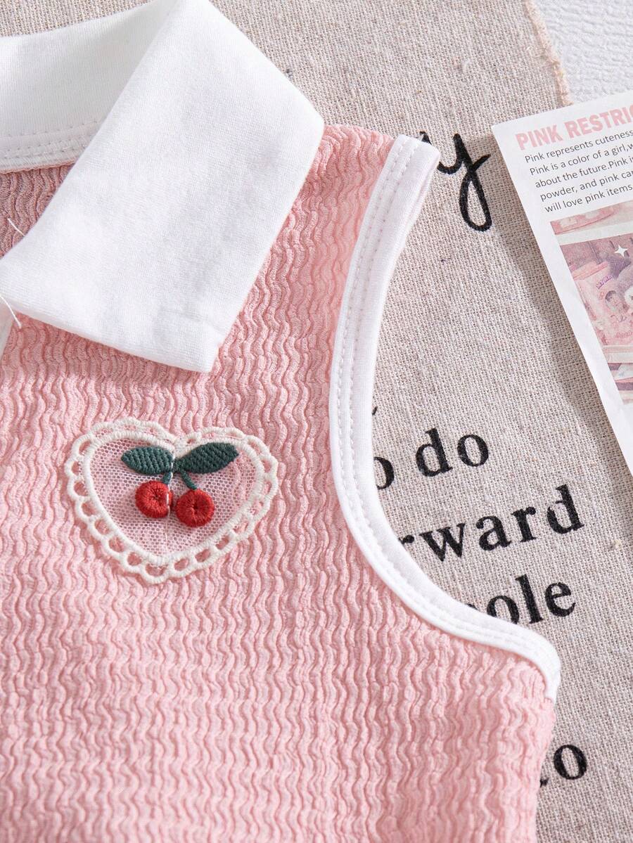 Toddler Girls Textured Knit Vest Top And Denim Skort Flower Embroidered Summer Outfit Set