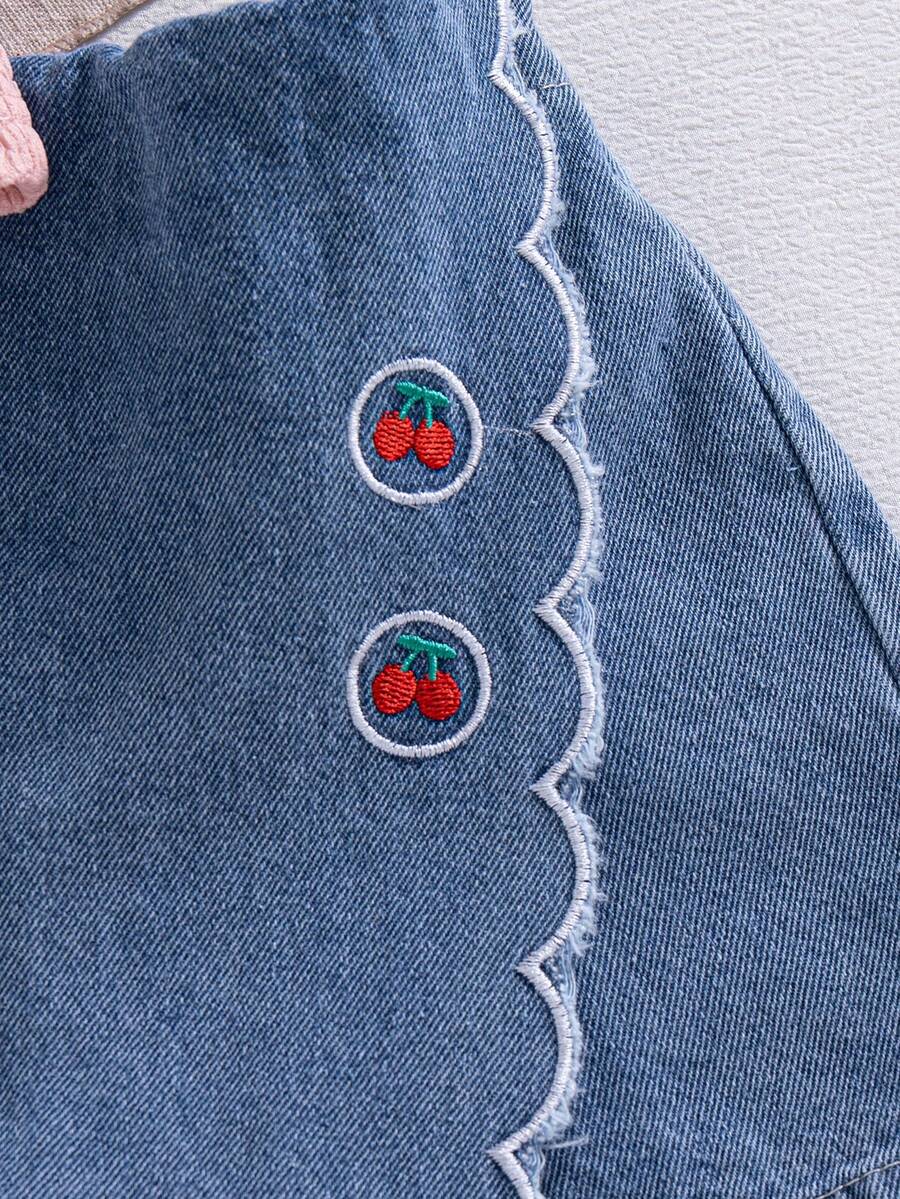 Toddler Girls Textured Knit Vest Top And Denim Skort Flower Embroidered Summer Outfit Set