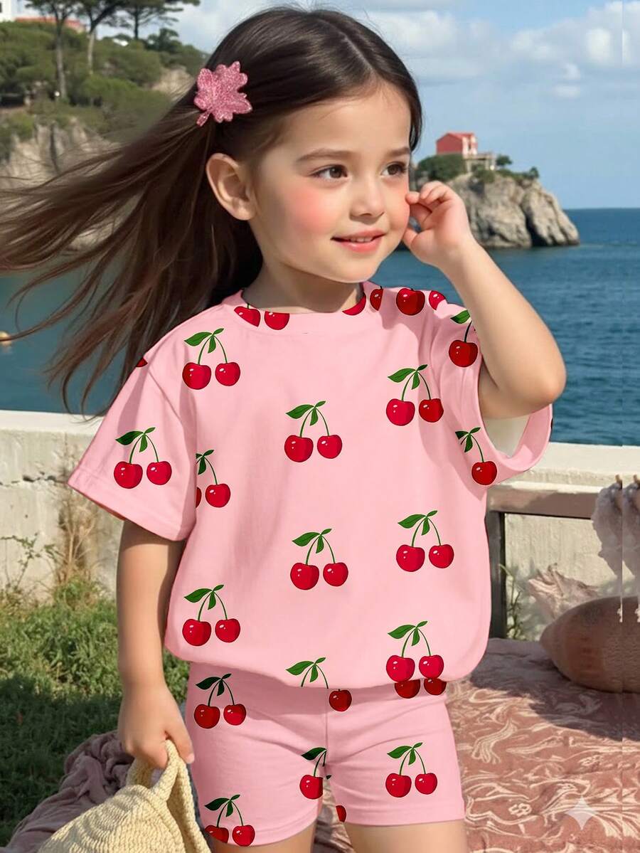 Lemon Fruit & Letter Print Short Sleeve Top and Shorts Set for Baby Girls