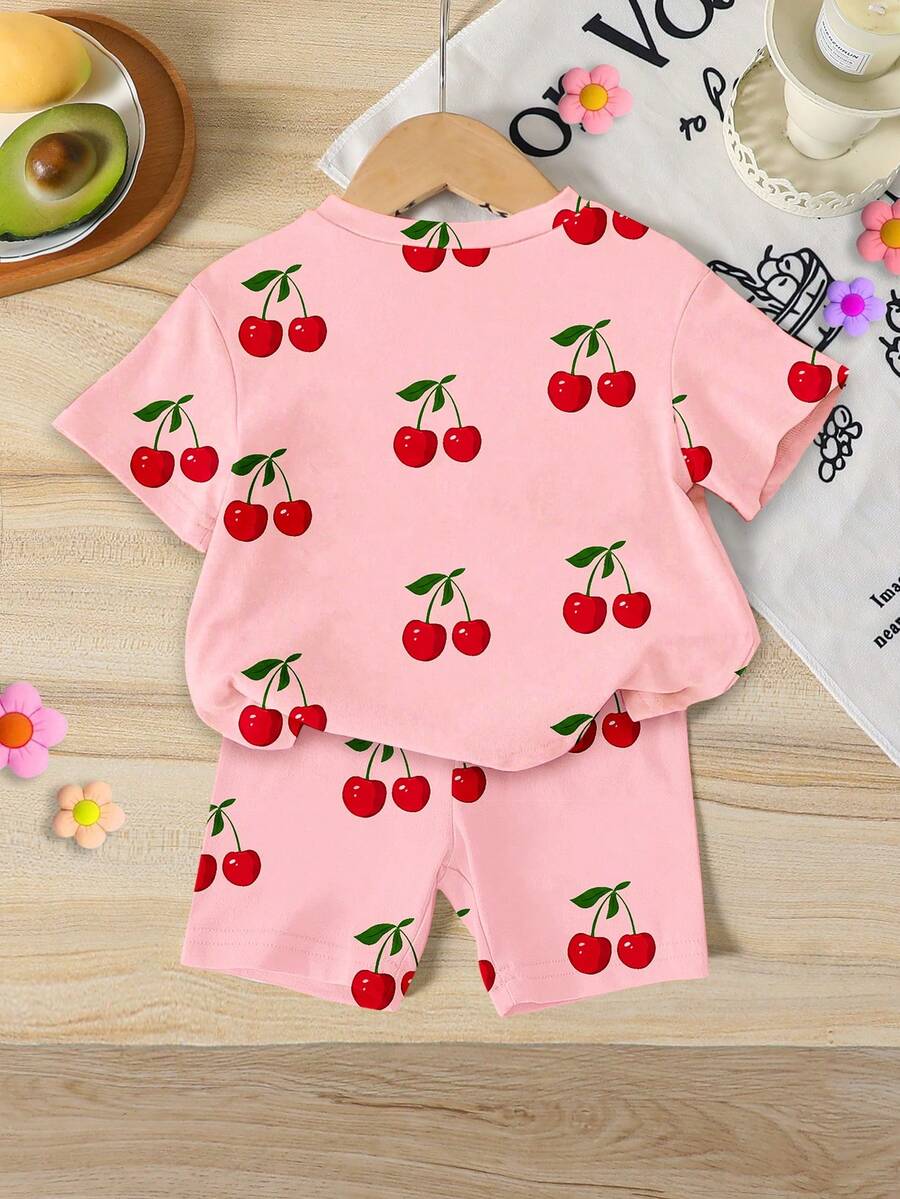 Lemon Fruit & Letter Print Short Sleeve Top and Shorts Set for Baby Girls