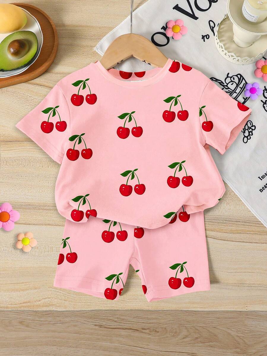 Lemon Fruit & Letter Print Short Sleeve Top and Shorts Set for Baby Girls