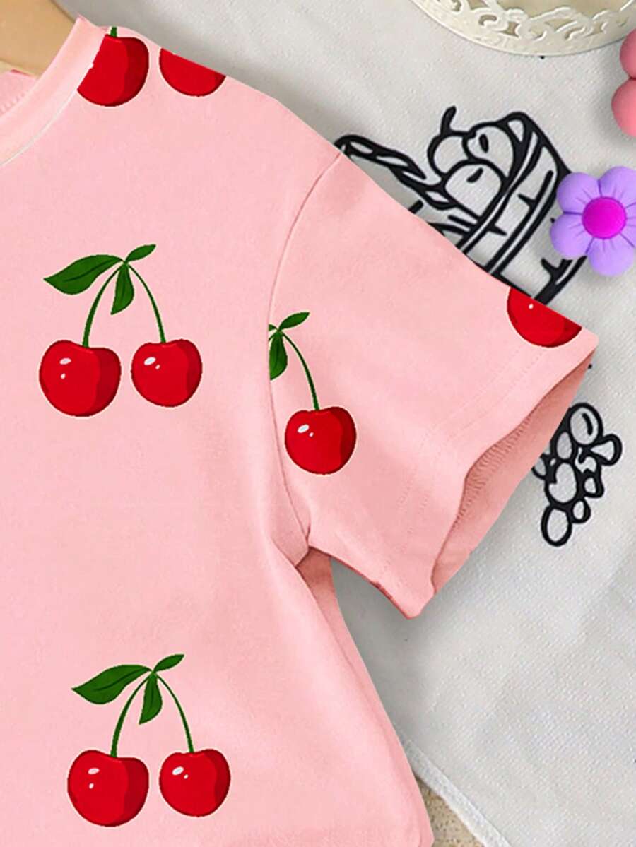 Lemon Fruit & Letter Print Short Sleeve Top and Shorts Set for Baby Girls