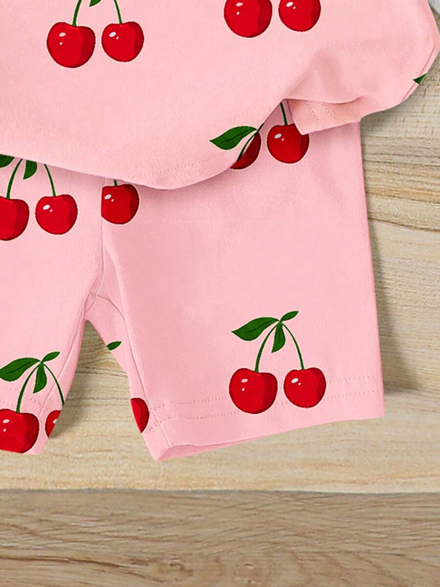 Lemon Fruit & Letter Print Short Sleeve Top and Shorts Set for Baby Girls