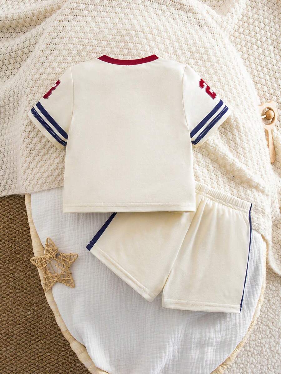 Newborn Boy & Girl Summer Knit Outfit -Cute Cartoon Bear Striped Shirt & Shorts Set