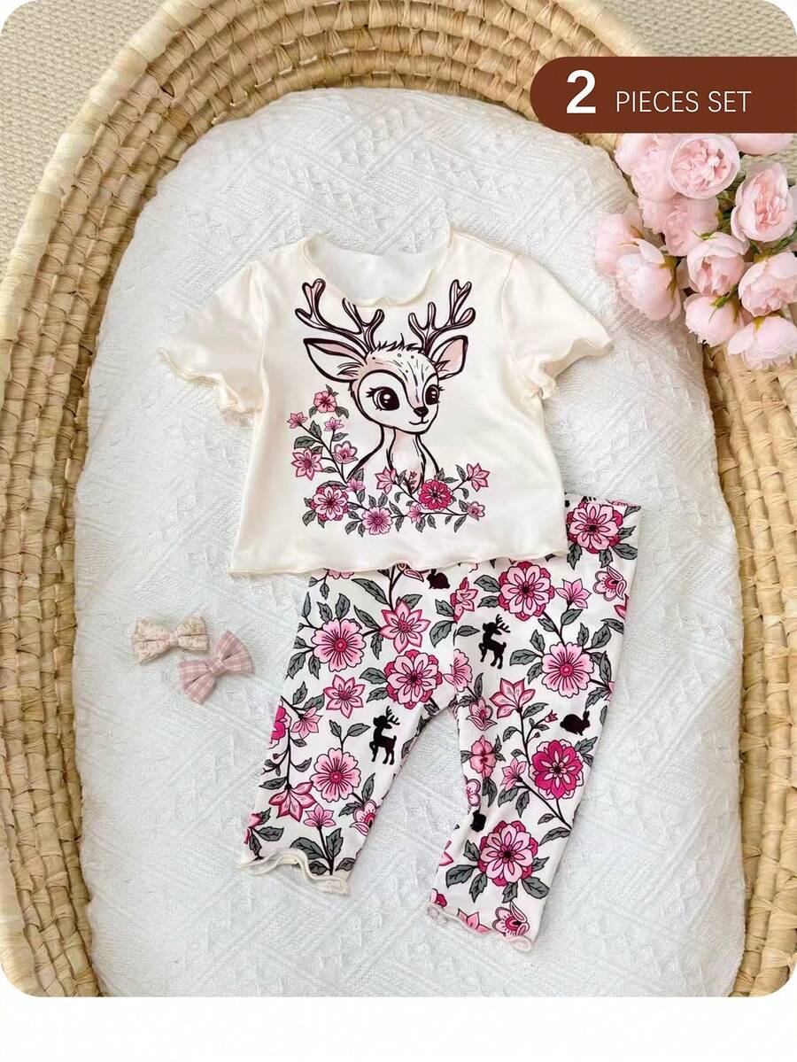 2PCS Baby Daisy Print T-Shirt and Shorts Set for Summer Daily Wear