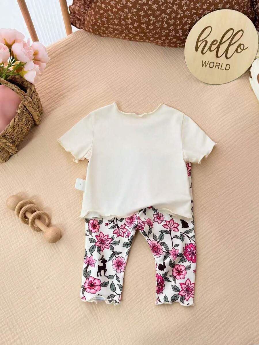 2PCS Baby Daisy Print T-Shirt and Shorts Set for Summer Daily Wear