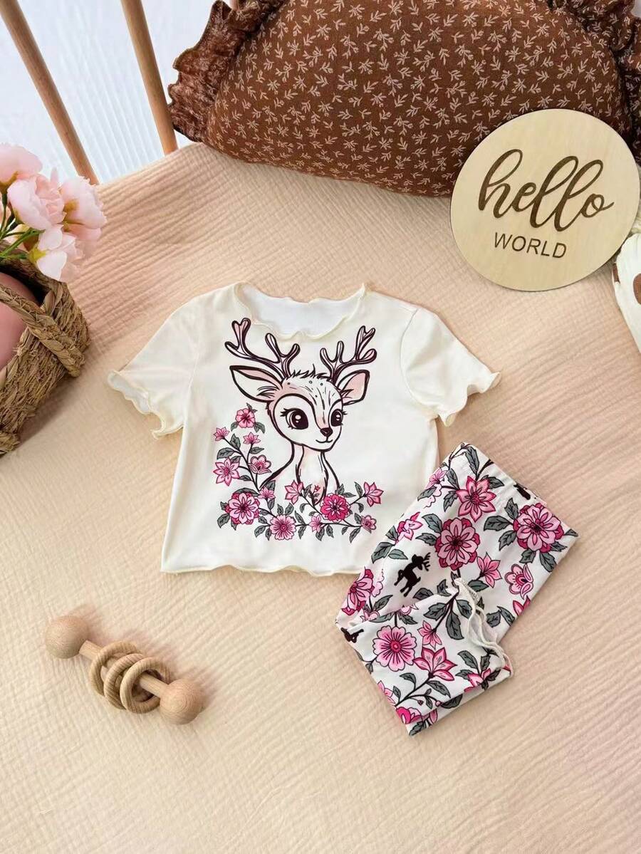 2PCS Baby Daisy Print T-Shirt and Shorts Set for Summer Daily Wear