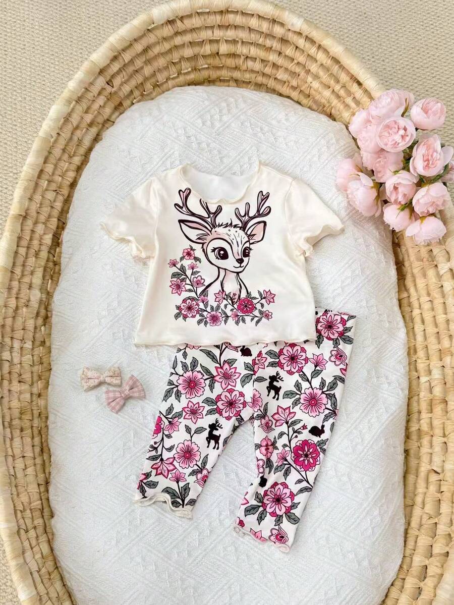 2PCS Baby Daisy Print T-Shirt and Shorts Set for Summer Daily Wear