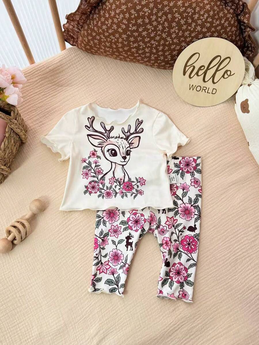 2PCS Baby Daisy Print T-Shirt and Shorts Set for Summer Daily Wear