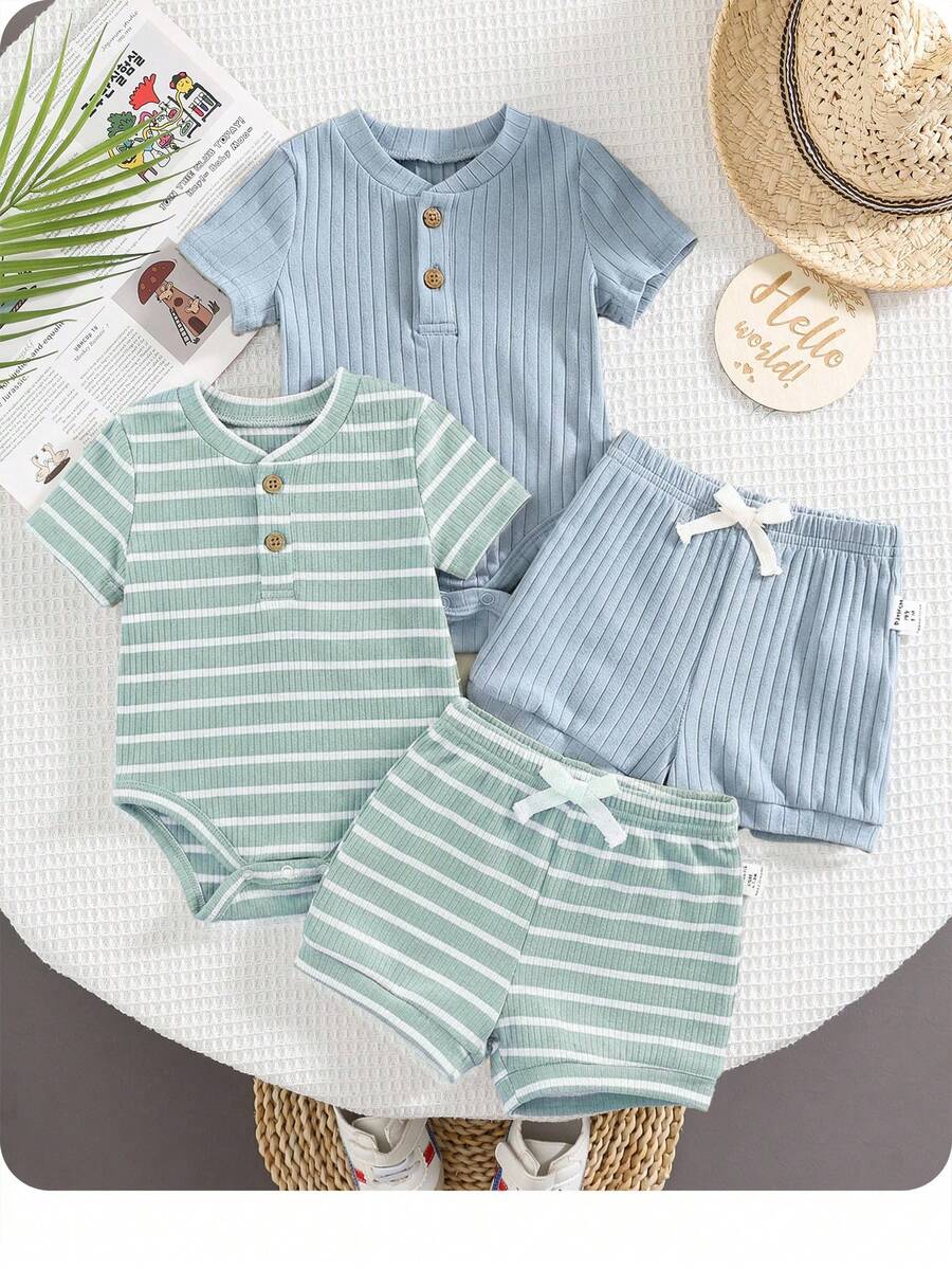 Striped Bodysuit and Shorts 4 Piece Outfit Set for Cute Summer Daily Wear