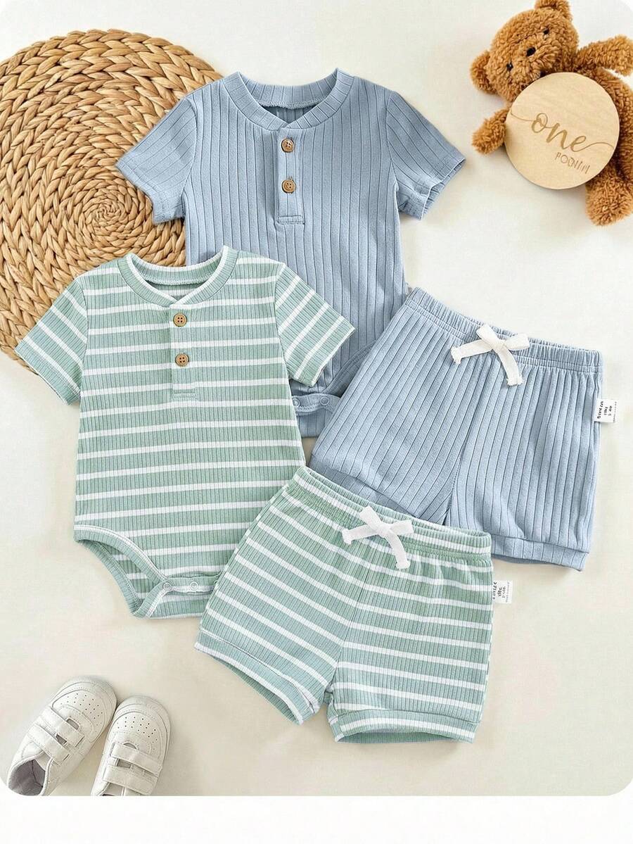 Striped Bodysuit and Shorts 4 Piece Outfit Set for Cute Summer Daily Wear