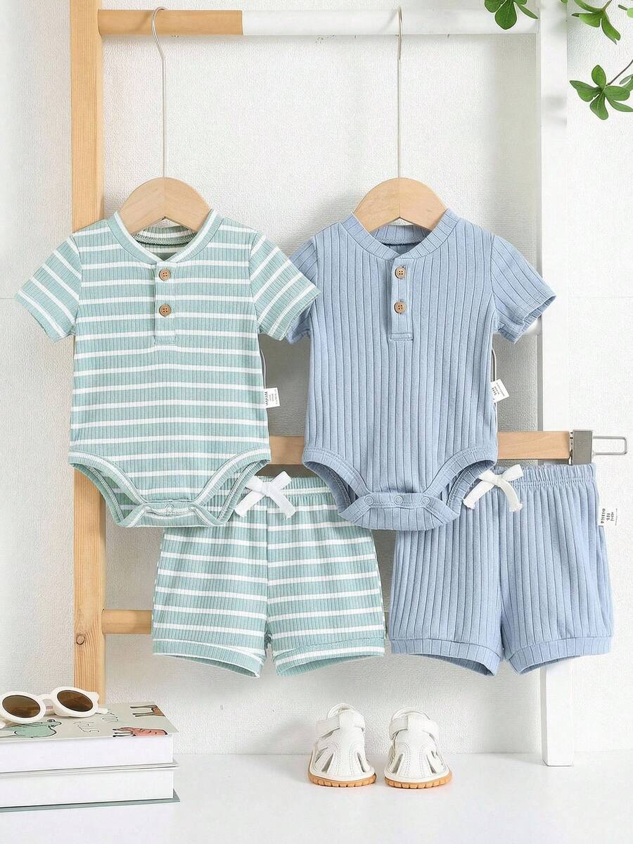 Striped Bodysuit and Shorts 4 Piece Outfit Set for Cute Summer Daily Wear