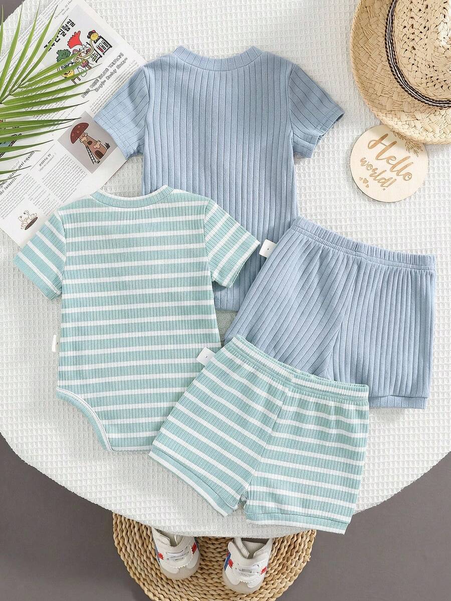Striped Bodysuit and Shorts 4 Piece Outfit Set for Cute Summer Daily Wear