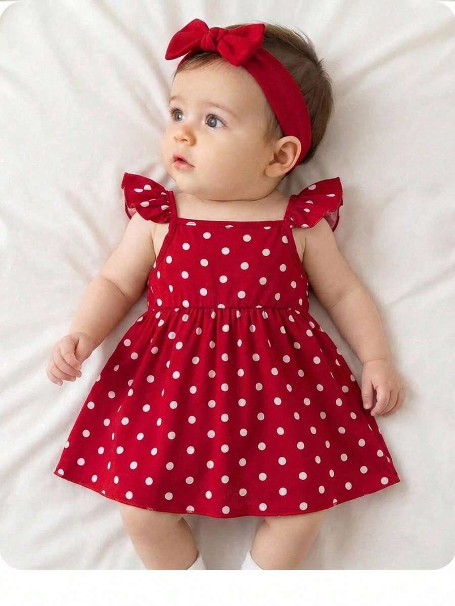 Newborn Baby Girl Red Polka Dot Flutter Sleeve Dress - Cute Vacation Style