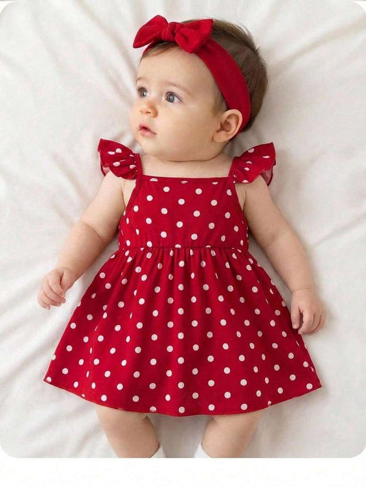 Newborn Baby Girl Red Polka Dot Flutter Sleeve Dress - Cute Vacation Style