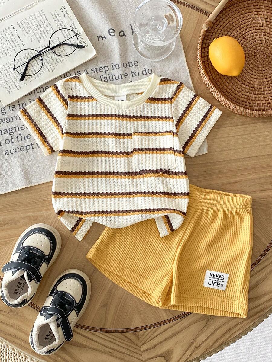 Infant Toddler Boys' Summer Outfit: Striped Waffle Tee and Letter Patch Shorts