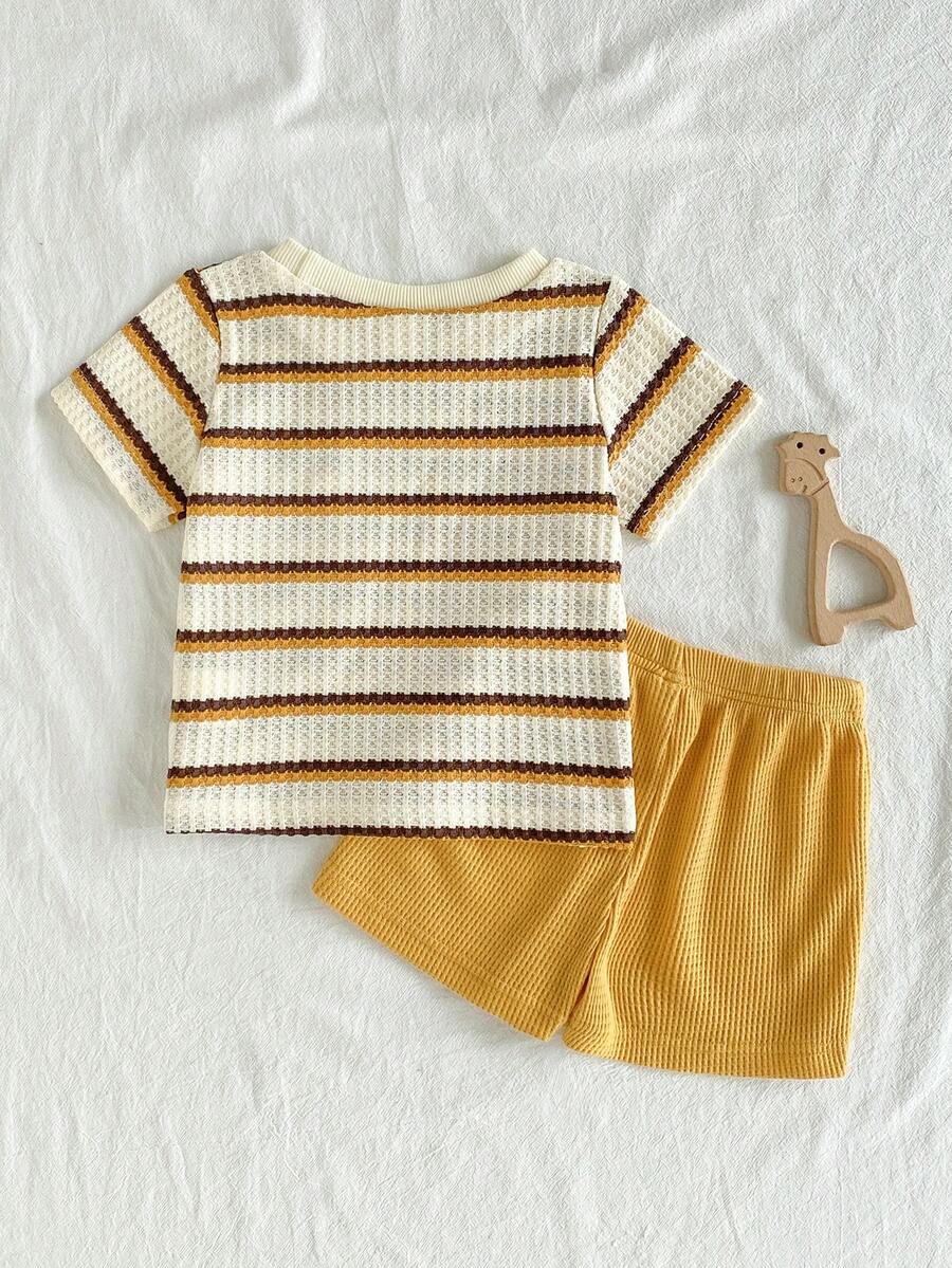 Infant Toddler Boys' Summer Outfit: Striped Waffle Tee and Letter Patch Shorts