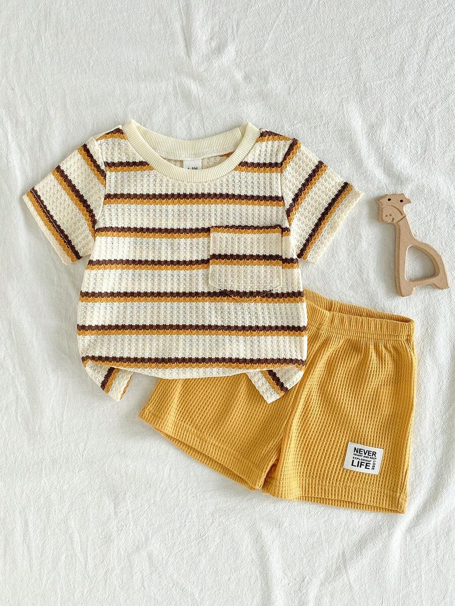 Infant Toddler Boys' Summer Outfit: Striped Waffle Tee and Letter Patch Shorts