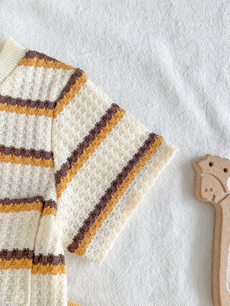 Infant Toddler Boys' Summer Outfit: Striped Waffle Tee and Letter Patch Shorts