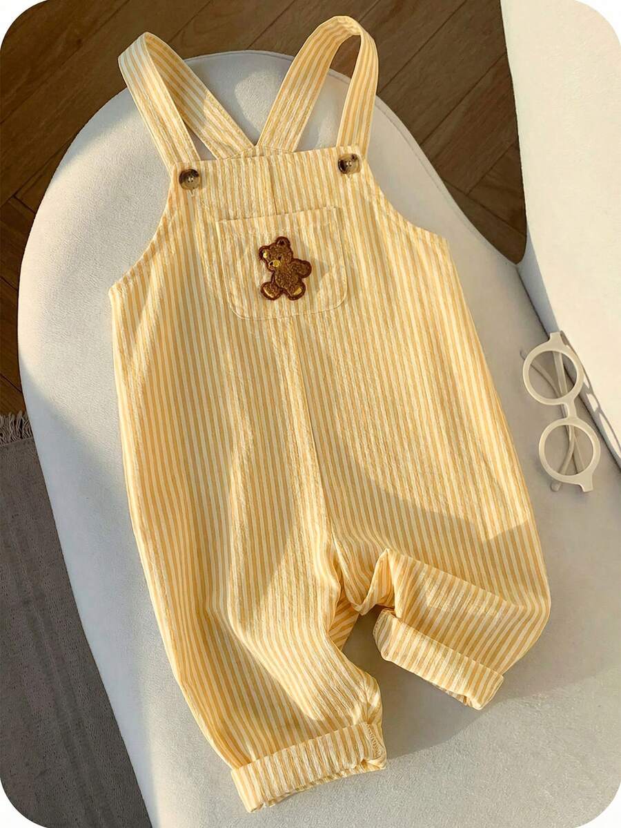Striped Baby Boys Jumpsuit With Cartoon Bear Design Casual Kids Outfit