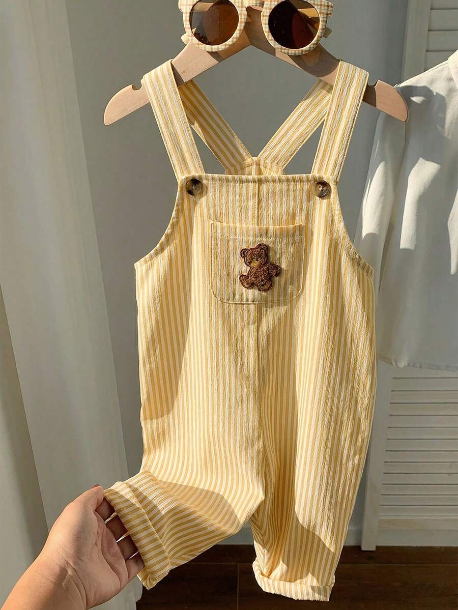 Striped Baby Boys Jumpsuit With Cartoon Bear Design Casual Kids Outfit