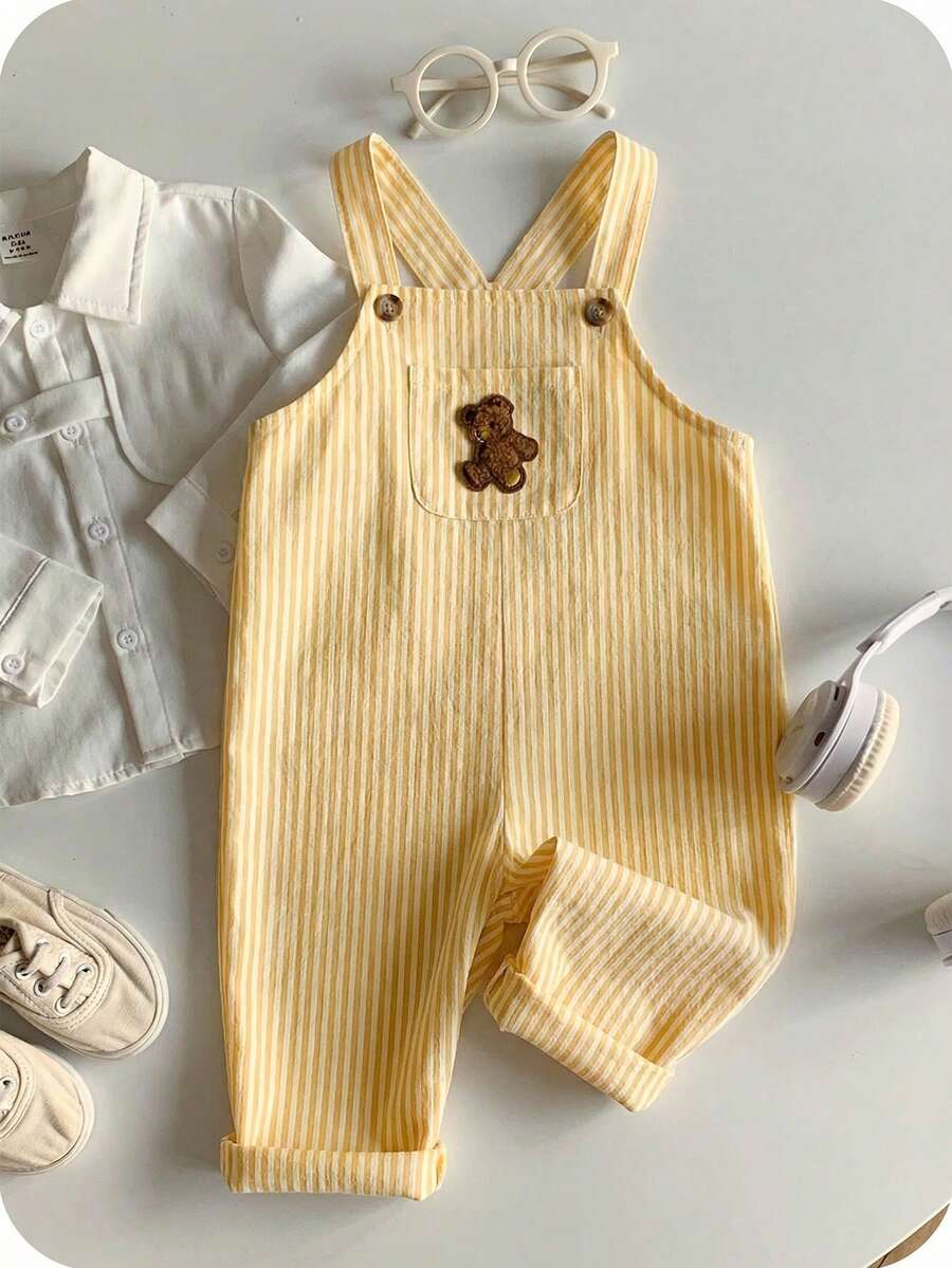 Striped Baby Boys Jumpsuit With Cartoon Bear Design Casual Kids Outfit