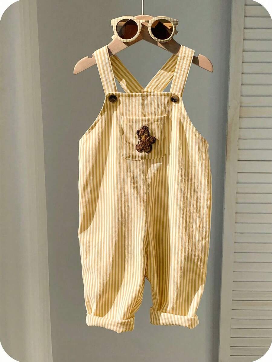 Striped Baby Boys Jumpsuit With Cartoon Bear Design Casual Kids Outfit