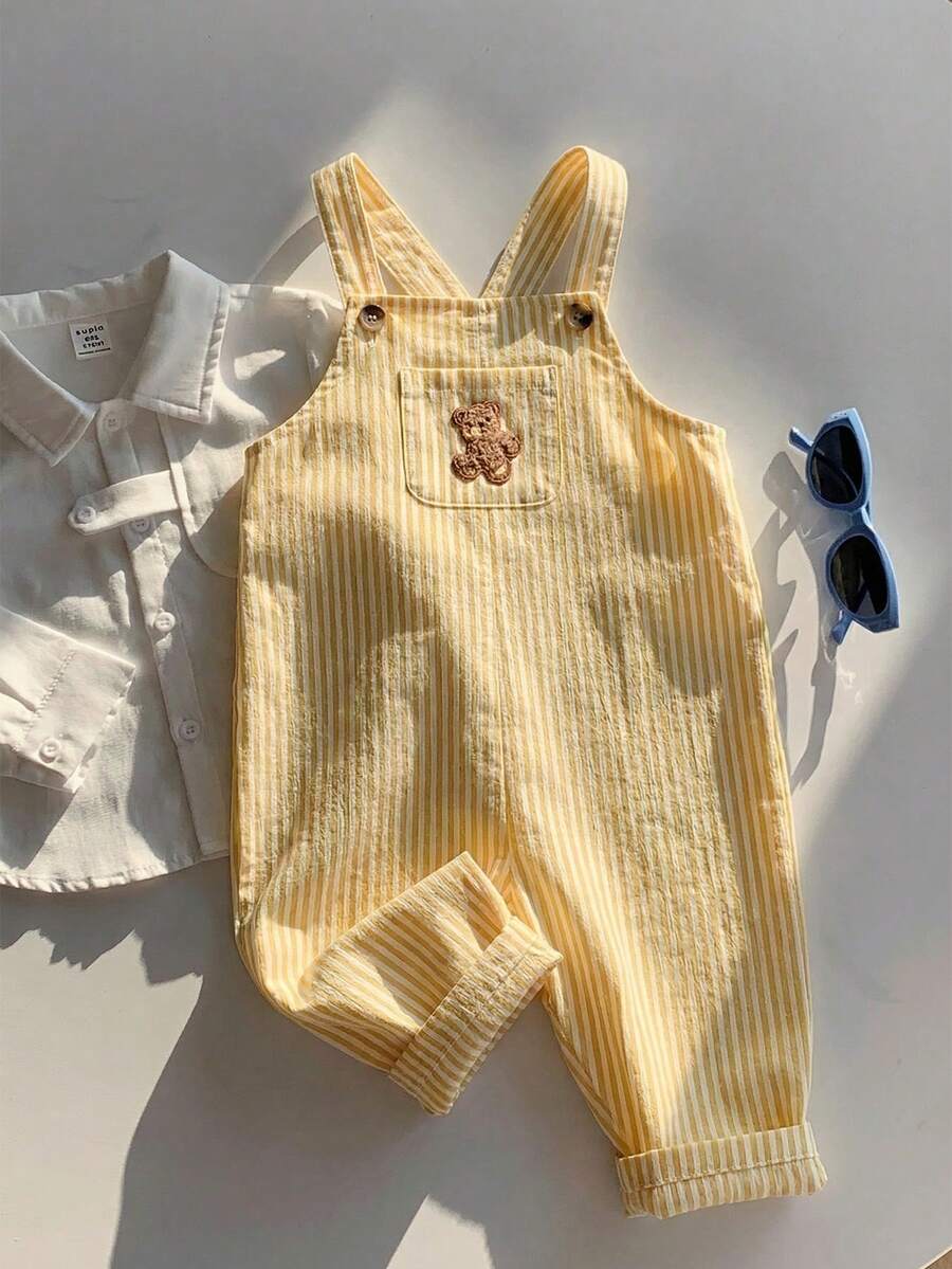 Striped Baby Boys Jumpsuit With Cartoon Bear Design Casual Kids Outfit