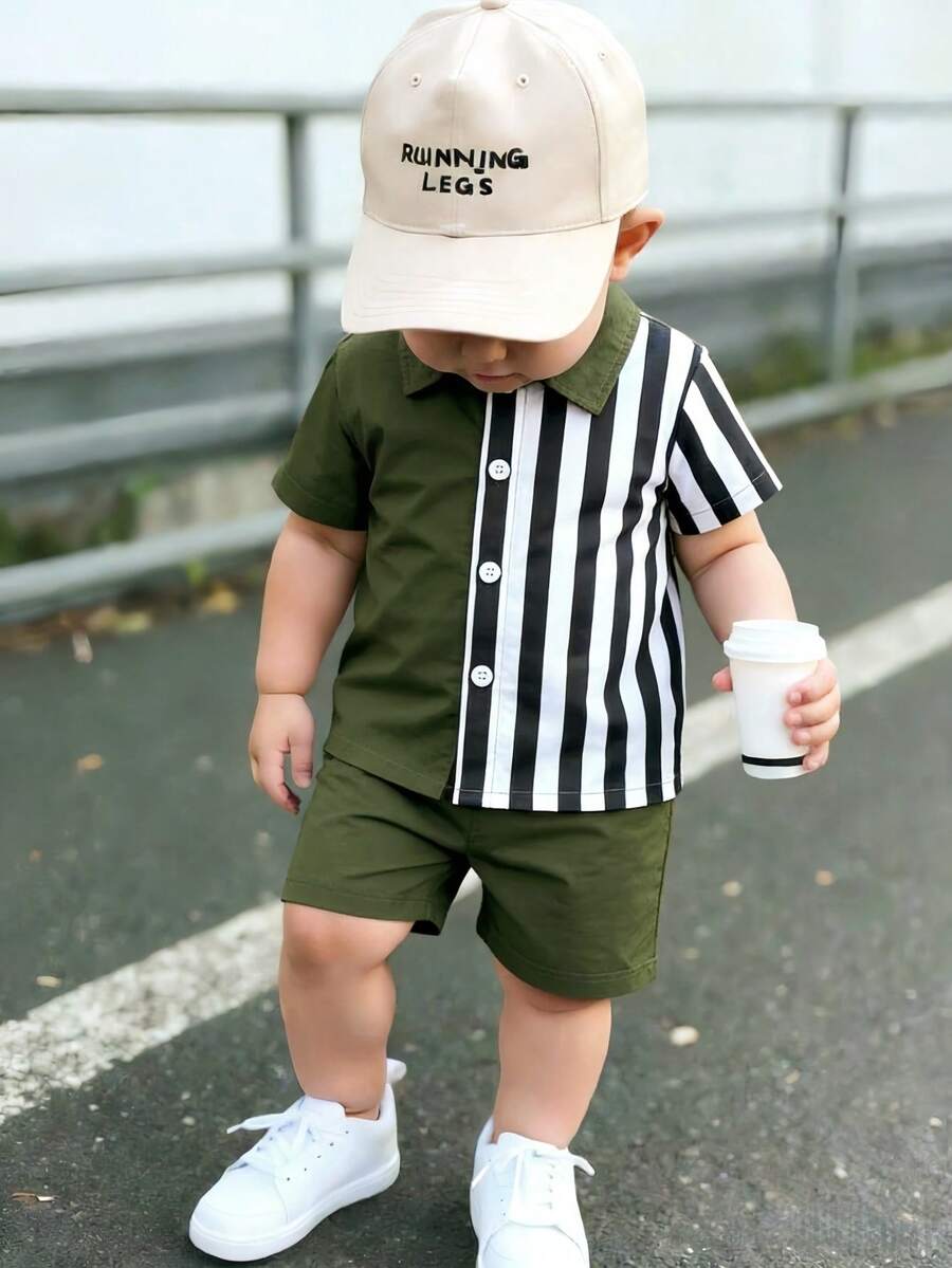 2pcs/Set Baby Boy Casual Striped Polo Collar Top & Shorts Summer Clothes
