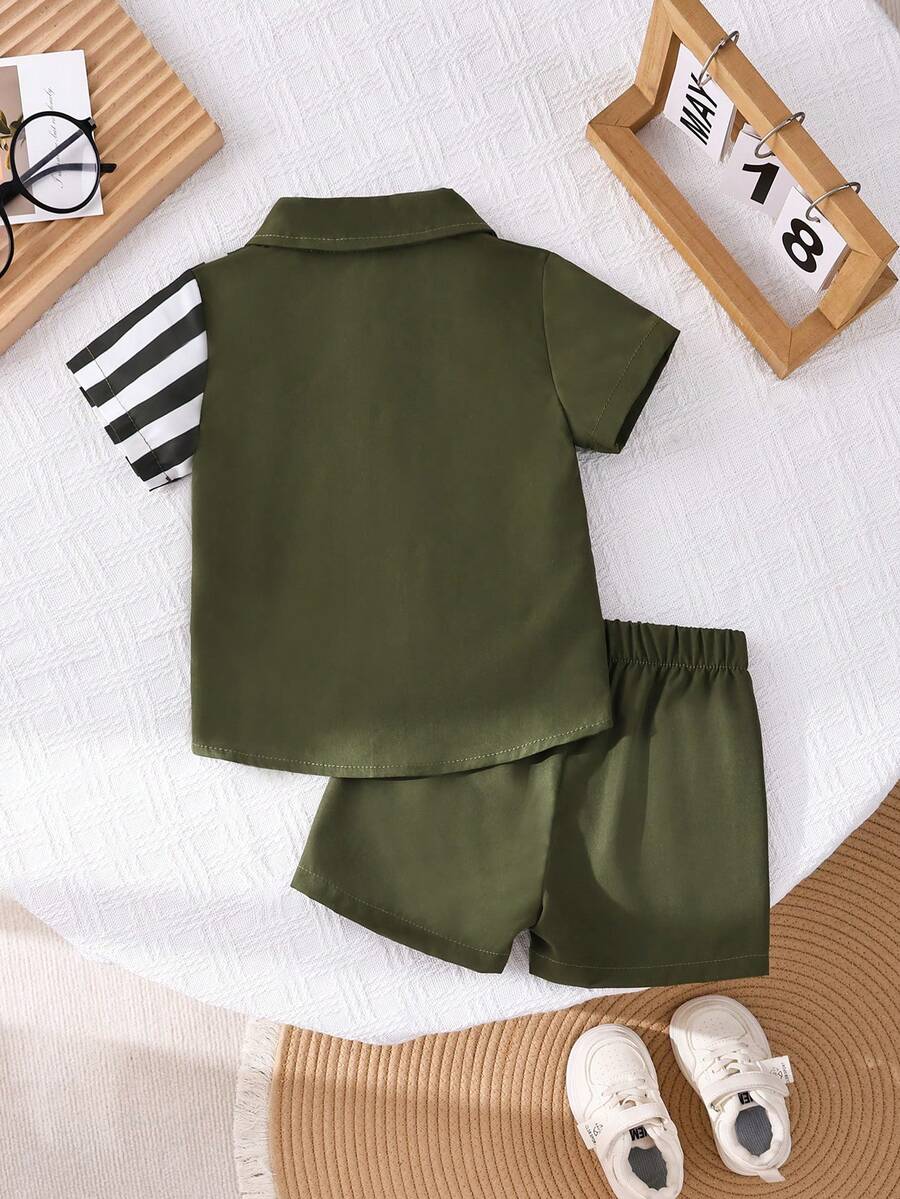2pcs/Set Baby Boy Casual Striped Polo Collar Top & Shorts Summer Clothes