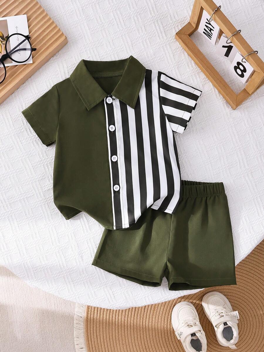 2pcs/Set Baby Boy Casual Striped Polo Collar Top & Shorts Summer Clothes
