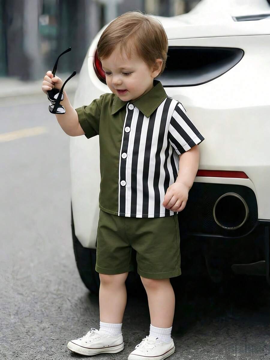 2pcs/Set Baby Boy Casual Striped Polo Collar Top & Shorts Summer Clothes