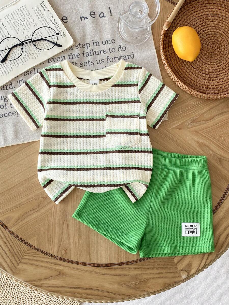 Infant Toddler Boys' Summer Outfit: Striped Waffle Tee and Letter Patch Shorts