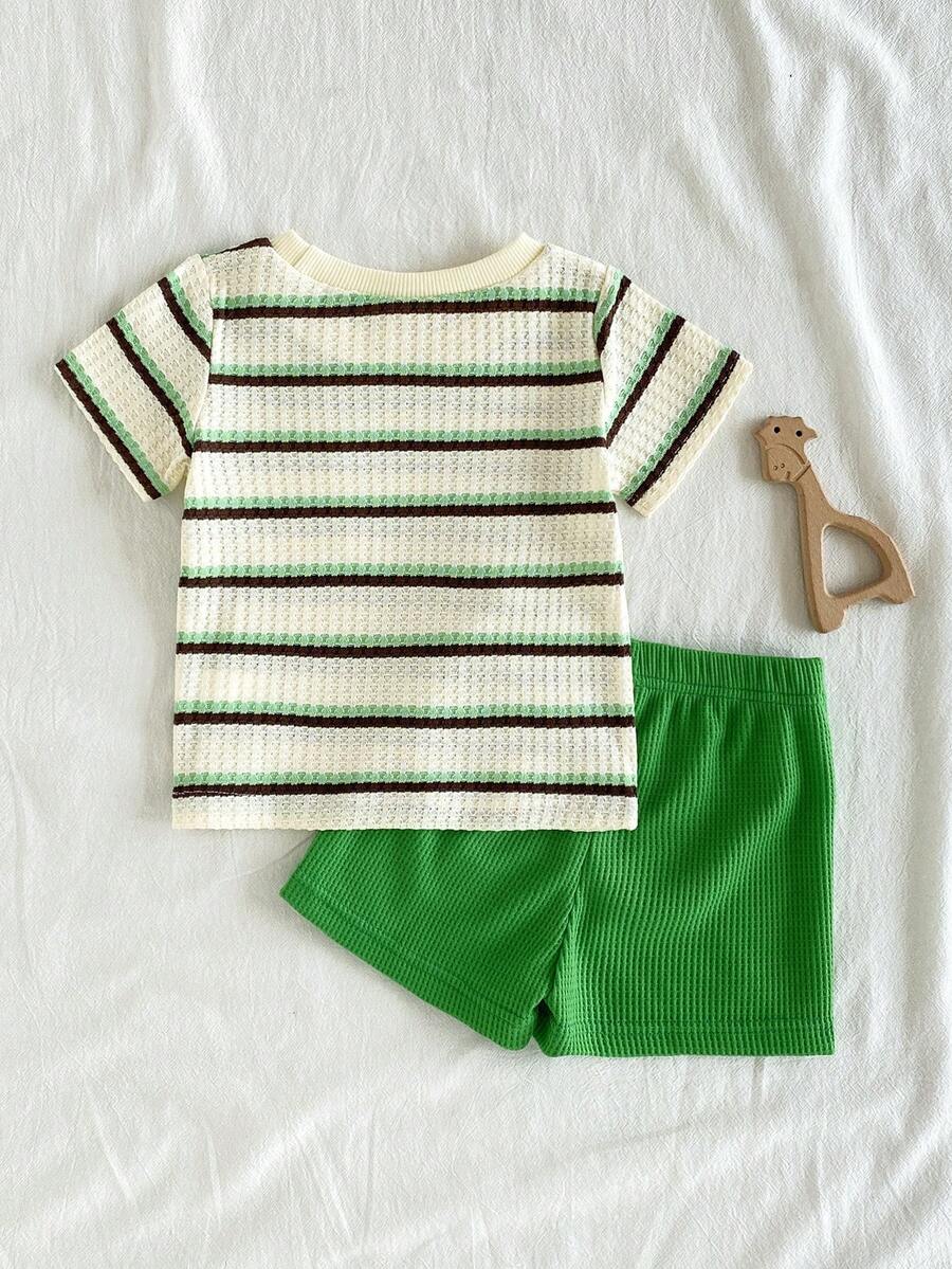 Infant Toddler Boys' Summer Outfit: Striped Waffle Tee and Letter Patch Shorts