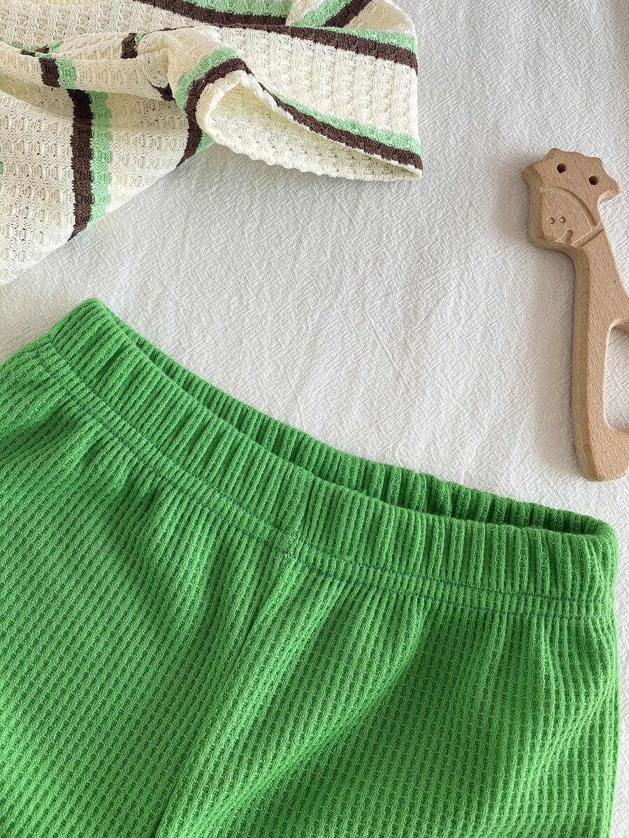 Infant Toddler Boys' Summer Outfit: Striped Waffle Tee and Letter Patch Shorts