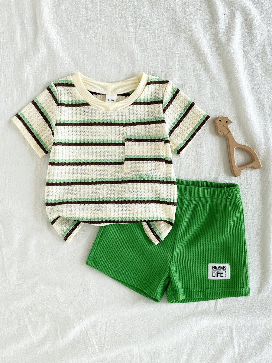 Infant Toddler Boys' Summer Outfit: Striped Waffle Tee and Letter Patch Shorts