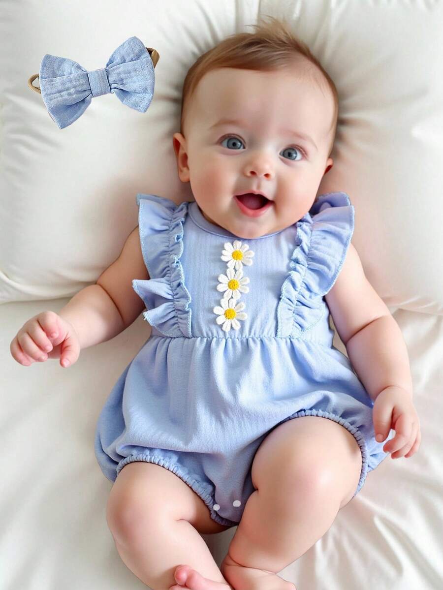 Baby Girl 2-Piece Ruffle Bodysuit Set - Adorable Sleeveless Design with Headband